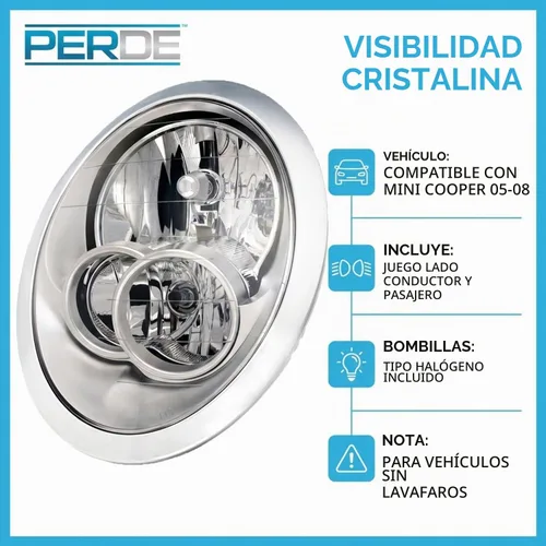 Vista 6 de Set de luces delanteras PERDE con carcasa cromada y lentes de alto rendimiento Compatible con Mini Cooper – sin juntas