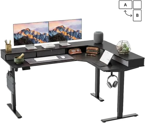 Vista 13 de CubiCubi Escritorio de pie en forma de L de 63 x 48 pulgadas con 3 cajones y estante para monitor, escritorio esquinero de altura ajustable