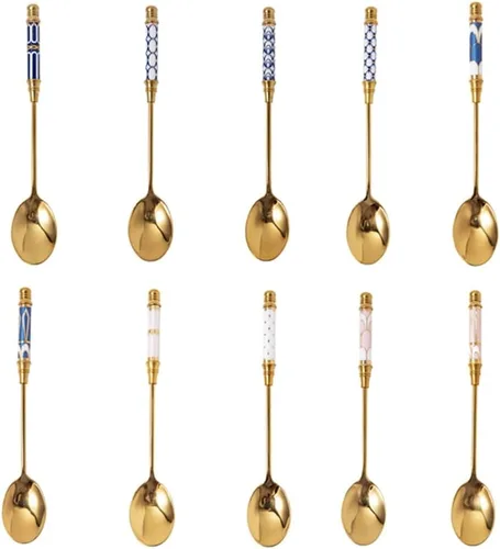 Vista 7 de Cucharas de café de acero inoxidable chapadas en oro, cucharaditas de acero inoxidable, cuchara de cerámica, cuchara de té y café para postre