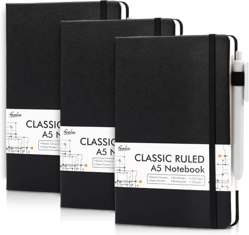 Vista 15 de feela Paquete de 3 Cuadernos Diarios a Granel, Cuaderno de Tapa Dura Clásico con Rayas Rayado Diarios con Soporte para Bolígrafo para Mujeres Niñas