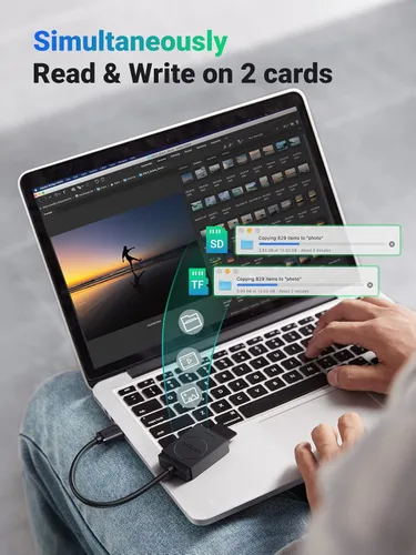 Vista 4 de UGREEN Lector de tarjetas SD USB 3.0 Dual Slot Flash Memory Card Reader TF SD Micro SD for Mac Windows Linux Chrome Read 2 Cards Simultaneously