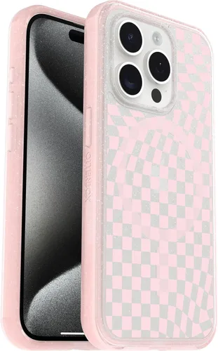 Vista 5 de OtterBox Funda transparente para iPhone 15 Pro (solamente) de la serie Symmetry - Checkmate (rosa), se ajusta a MagSafe, ultra suave, bordes