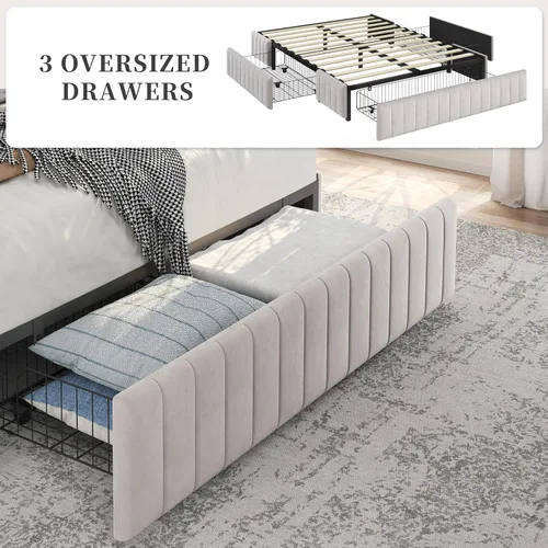 Vista 8 de Yaheetech Bastidor de cama completo con plataforma tapizada con 3 cajones de almacenamiento, gran espacio de almacenamiento/Listones de madera