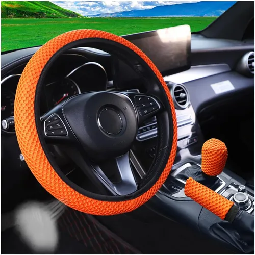 Vista 6 de Bittwee 3 piezas, juego de cubiertas para volante de auto de 15 pulgadas, cubierta para apoyabrazos, cubierta para palanca de cambios, de microfibra