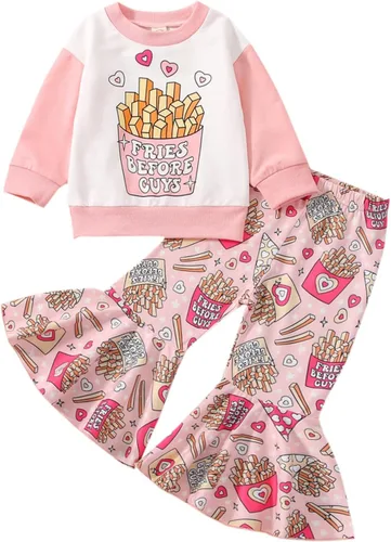 Vista 6 de Kayotuas Conjunto de sudadera de manga larga con estampado de corazón dulce y pantalones acampanados para bebés y niñas pequeñas Daddys Valentien