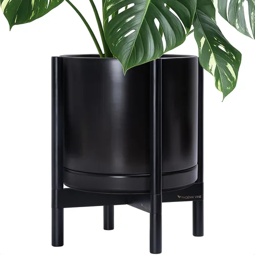 Vista 17 de D'vine Dev Maceta de cerámica con soporte de ébano – Maceta redonda moderna de 8 pulgadas con soporte para maceta de madera, color negro, 55-B-M-2