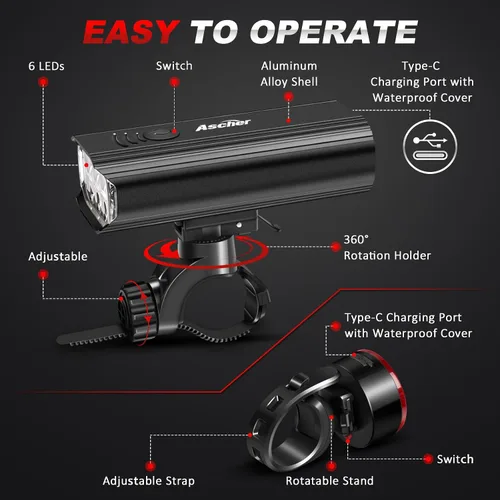 Vista 5 de Ascher USB Rechargeable Bike Light Front and Back, Super Bright 1000 Lumens Bicycle Headlight and Compact Tail Light, 4 Light Modes, Large Capacity