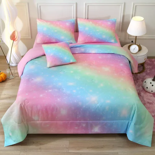 Vista 12 de JQinHome Juego de edredón con purpurina, tamaño individual, juego de ropa de cama en una bolsa de 6 piezas en 3D colorido degradado para niñas