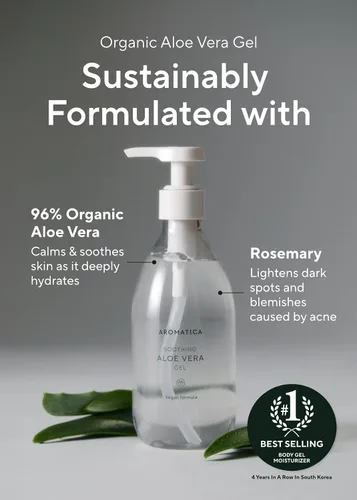 Vista 3 de AROMATICA Gel de aloe vera orgánico 10.14oz/300ml, cuidado después del sol y alivio de quemaduras solares con gel de aloe vera puro para cara