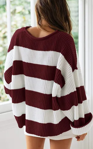 Vista 3 de ZESICA Suéter de punto de manga larga para mujer, cuello redondo, a rayas, bloque de color, cómodo, holgado, de gran tamaño, para otoño 2024