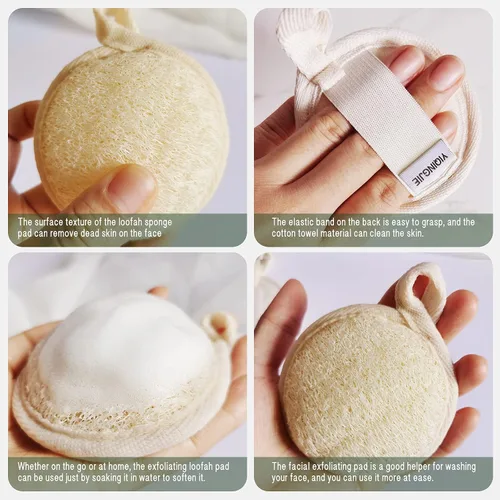 Vista 3 de YIQINGJIE Exfoliante de lufa natural (paquete de 4), almohadillas de esponja facial, limpia puntos negros sin dañar la piel, luffa para mujeres