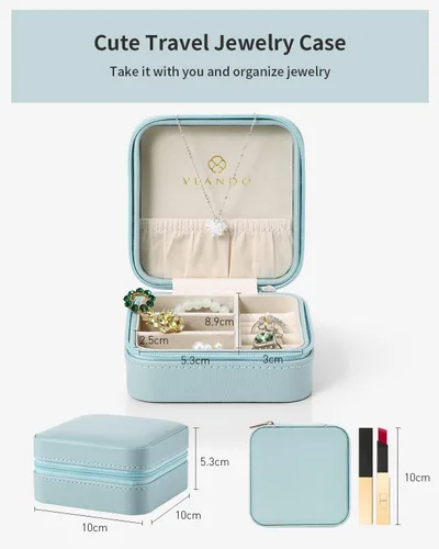 Vista 4 de Vlando Pequeña caja de joyería pequeña, caja de almacenamiento de joyas de viaje de piel sintética, aretes, anillos, collares, el mejor regalo