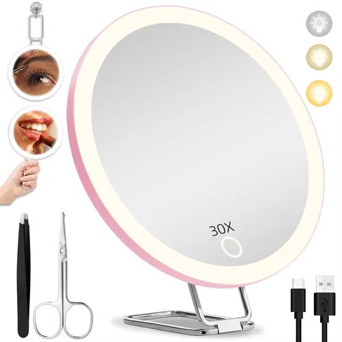Vista 11 de Espejo de aumento de maquillaje 10X con luces, espejo aumentado de mano de Negro-10x