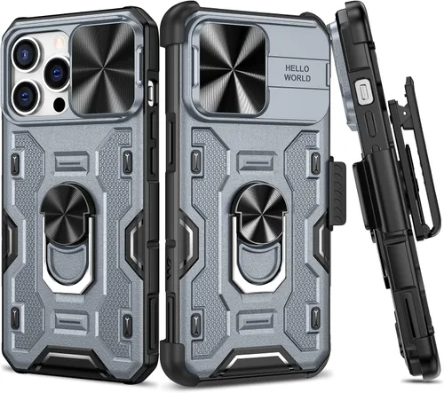 Vista 14 de VEGO Funda para iPhone 13 Pro Max/iPhone 12 Pro Max con soporte, cubierta deslizante para cámara y funda con clip para cinturón, funda protectora