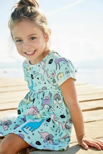 Vista 2 de Bumeex Vestidos de manga corta con estampado de dibujos animados de algodón para niñas pequeñas de 1 a 7 años