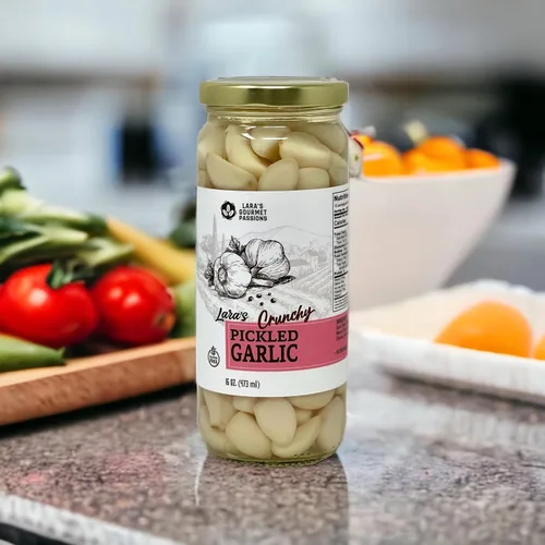 Vista 3 de Lara's - Dientes de ajo en escabeche en tarro (16 onzas líquidas), sabor crujiente y suave, larga vida útil, ajo enlatado