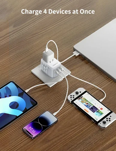 Vista 4 de MOMAX Adaptador de viaje universal, adaptador de enchufe internacional de 20 W+18 W con 2 USB-A de carga rápida y 1 USB C PD de carga rápida, 1 CA