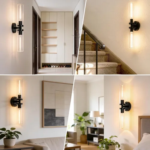 Vista 8 de Juego de 2 apliques de pared, lámparas de baño cableadas, iluminación de pared moderna para tocador de baño con pantalla de vidrio transparente