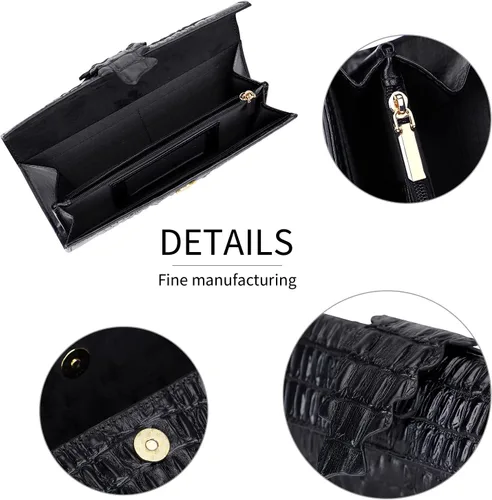 Vista 6 de PIJUSHI Cartera de piel de cocodrilo RFID para mujer organizada Negro