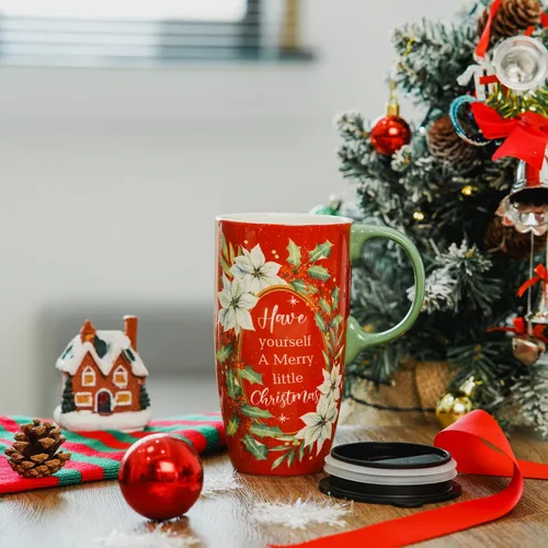 Vista 9 de Topadorn Taza de café de cerámica de 17 onzas con tapa y caja de regalo, taza de té de porcelana roja festiva, apta para microondas y lavavajillas