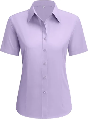 Vista 27 de siliteelon Camisas de vestir para mujer, de manga corta, de algodón, camisa con botones abajo, camisa básica con botones arriba, camisas con cuello