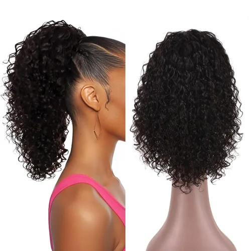 Vista 8 de Extensión de cola de caballo de cabello humano de 12 pulgadas con cordón rizado profundo para mujeres negras, extensión rizada 3C, color negro