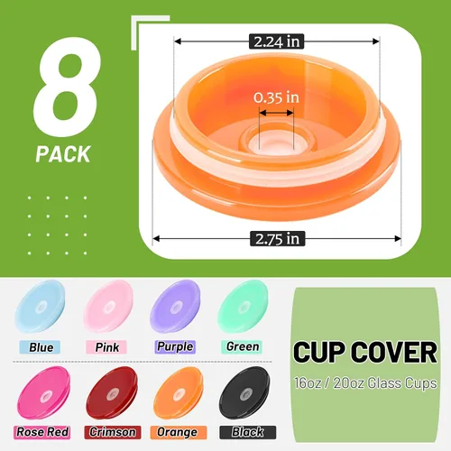 Vista 9 de Joyclub Paquete de 8 tapas acrílicas y 8 vasos de vidrio con tapas acrílicas y pajitas