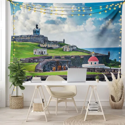 Vista 7 de Lunarable Tapiz de Puerto Rico, histórico Fort San Felipe del Morro, paisaje de América Central y Caribe, decoración de tela para colgar en la pared