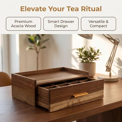 Vista 8 de Caja de té de madera de acacia con 8 compartimentos y cajón