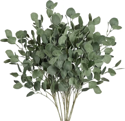 Vista 13 de Sggvecsy 6 Pcs Hojas de Eucalipto Tallos de Eucalipto Artificial Hojas Largas de Dólar Plateado Ramas de Hojas Falsas Eucalipto de Seda Artificial
