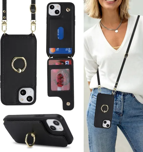 Vista 12 de Lipvina Funda tipo cartera cruzada para iPhone 12 Mini con correa, color negro