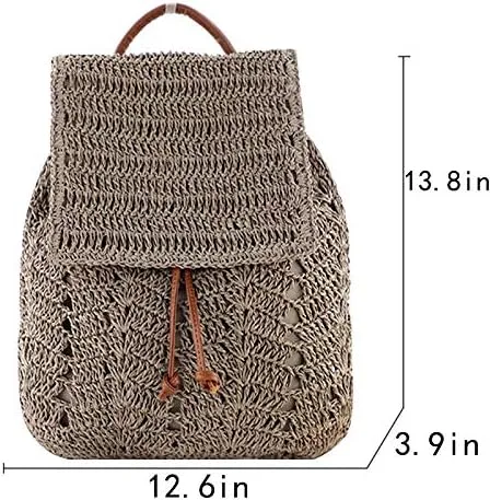Vista 6 de Mochila tejida hecha a mano de paja mediana para mujer, con solapa, con cordón, bolsa de playa, Gris, Mochilas Daypack
