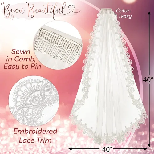 Vista 8 de BIJOU - Wedding Veils For Brides - Beautiful Mid-length - 40 inches Length - Bridal Veil With Lace Trim