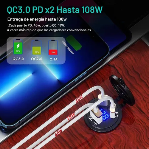 Vista 4 de Kewig Paquete de 2 cargadores USB con cable de 12 V multipuerto, doble PD3.0 y QC 3.0 múltiples puertos para automóvil, enchufe USB con interruptor