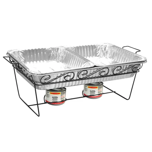 Vista 7 de Party Essentials Kit de servicio de bufé Elegance de 33 piezas, incluye estantes negros para rozar, sartenes de aluminio, sartenes de agua, latas