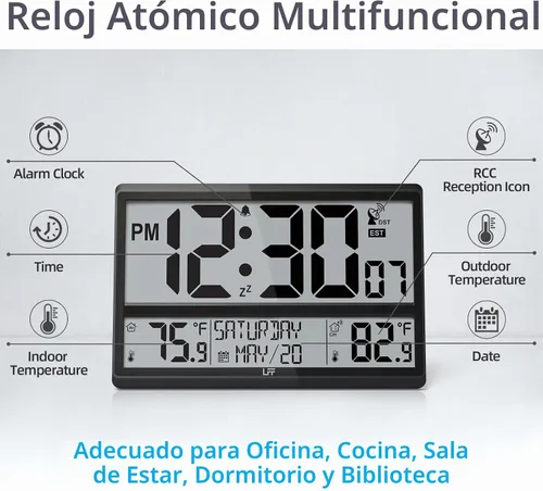 Vista 2 de Reloj atómico LFF de 4.5" con números, reloj de pared atómico que nunca necesita configuración, temperatura interior y exterior con sensor Negro