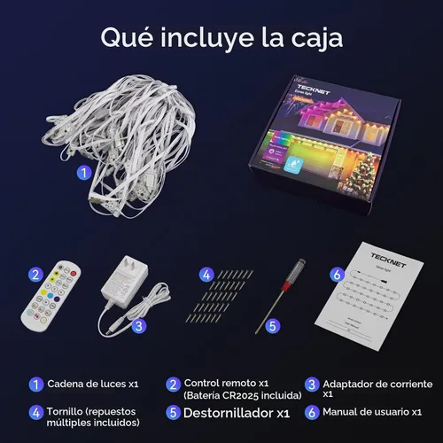 Vista 7 de TECKNET Luces permanentes para exteriores de 100 pies, luces LED RGBIC inteligentes de Navidad, modos preestablecidos/bricolaje, sincronización