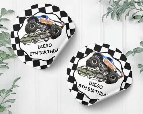 Vista 5 de Pegatinas personalizadas para fiesta de cumpleaños de Monster Truck, etiquetas, etiquetas