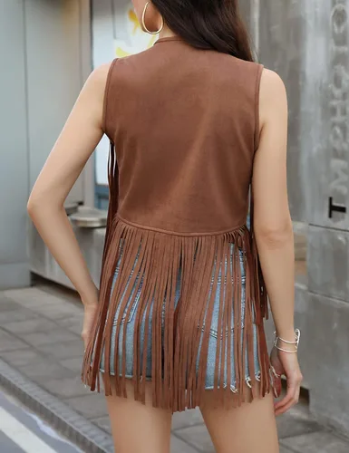 Vista 5 de KOJOOIN Chaleco de flecos para mujer, estilo hippie occidental, de los años 70, de ante sintético, sin mangas, con flecos, Marrón