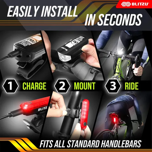 Vista 2 de BLITZU Juego de luces recargables tipo C ultra brillantes para bicicleta, faros delanteros y traseros para bicicleta, accesorios de bicicleta