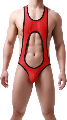 Vista 2 de niceone Ropa interior de leotardo travieso con tirantes para hombre, sin espalda, overol de lucha libre, overol gay