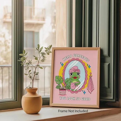 Vista 6 de Mirror Frog Says You Slay - Pink Frog Decor - Cute Bathroom Art for College Girls - Retro Bathroom Wall Art - Room Decor for Teens - Unframed 8x10