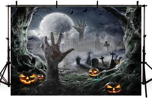 Vista 4 de SENDY Telón de fondo de fotografía de Halloween de 7 x 5 pies, suministros de decoración para fiestas de Halloween, noche de niños, luna llena