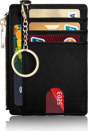 Vista 9 de Suweibuke - Billetera delgada de bolsillo, con bloqueo RFID, tarjetero para tarjetas de crédito, mosquetón en D, ventana para identificación