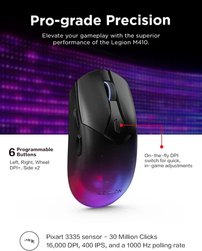 Vista 4 de Lenovo Legion M410 Mouse Inalámbrico RGB para Juegos – Mouse de 6 Botones con Agarre Palmar con 16,000 DPI, Batería Recargable de 53 Horas