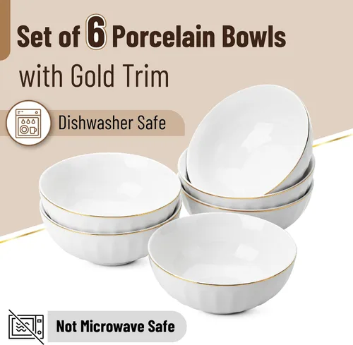 Vista 2 de Brew To A Tea BTaT- Juego de 6 cuencos de sopa, 16 onzas, porcelana blanca con borde dorado, cuencos para cocina, cuencos de cocina, ensaladeras