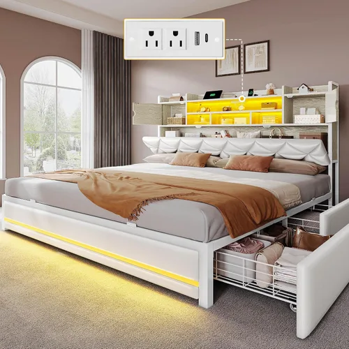 Vista 8 de DWVO Queen Size Bed Frame with RGB LED Lights & Storage Bookcase Headboard Upholstered Bed with Charging Station and 4 Drawers, No Box Spring