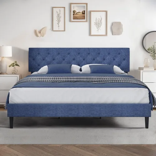 Vista 8 de HOMBCK Base de cama de tamaño individual con cabecera, base de cama tapizada con plataforma de lino para niños, base de cama de tamaño individual
