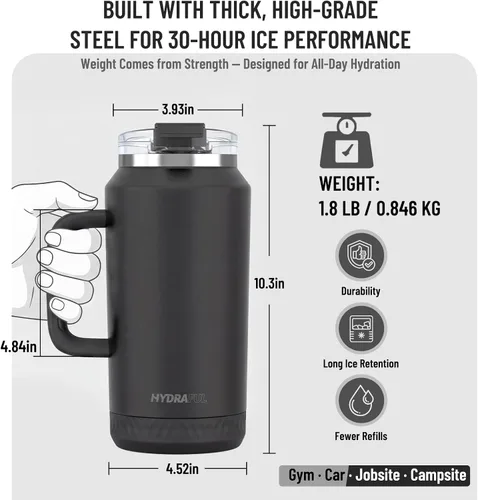 Vista 7 de Hydraful Vaso de 64 onzas con asa y pajilla, 100% a prueba de fugas, vaso aislado reutilizable, botella de agua grande de acero inoxidable, taza