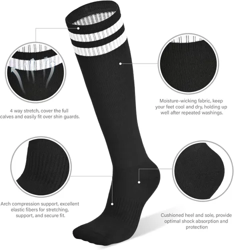 Vista 2 de Calcetines de fútbol para niños, 4 pares, a rayas altas hasta la rodilla, con soporte de tobillo para niños y niñas
